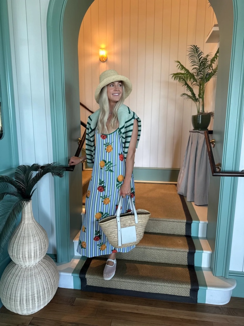 Katie Kime Floral Stripe Satin Slip Dress — Green Trim, Yellow & Red Roses